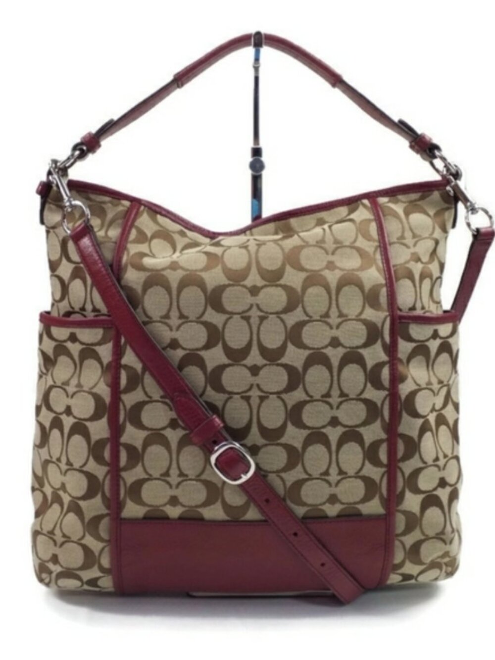 Coach F30341 Signature C Park Hobo Silver Khaki Crimson Crossbody Bag